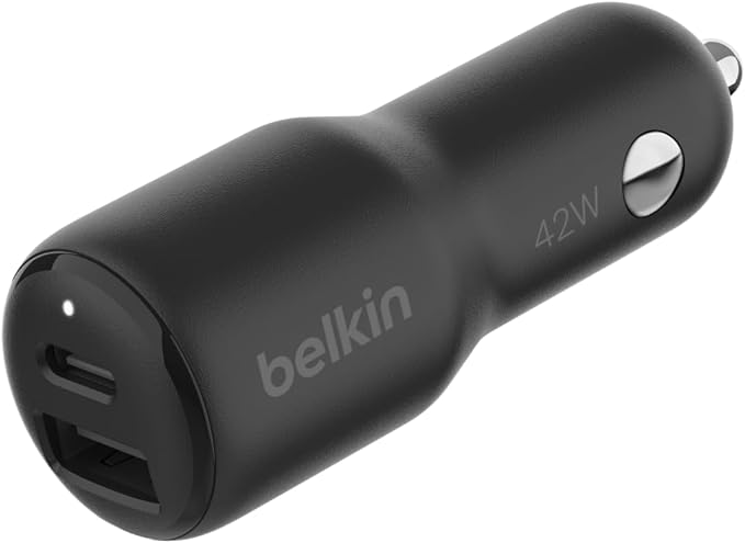 A Belkin car charger for an iPhone