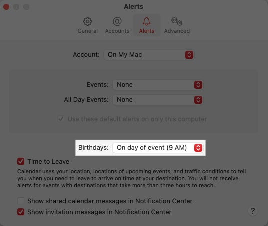 Choosing time for birthday alert in the macOS Calendar app on a Mac