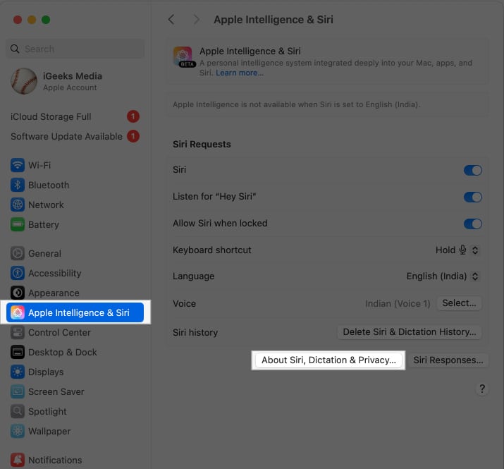 Accessing the About Siri Dictation Privacy option in System Settings on a Mac