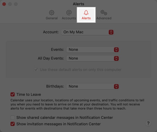 Alerts tab on the Calendar app on a Mac