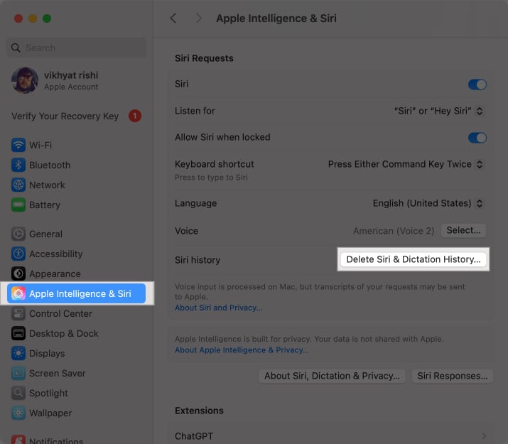 Delete Siri Dictation History button in Apple System Settings app on a Mac