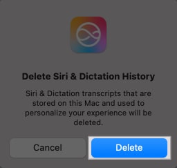 Delete button in confirmation prompt to confirm deleting Siri history