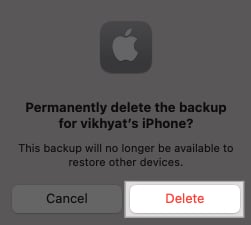 Prompt confirming iCloud backup deletion