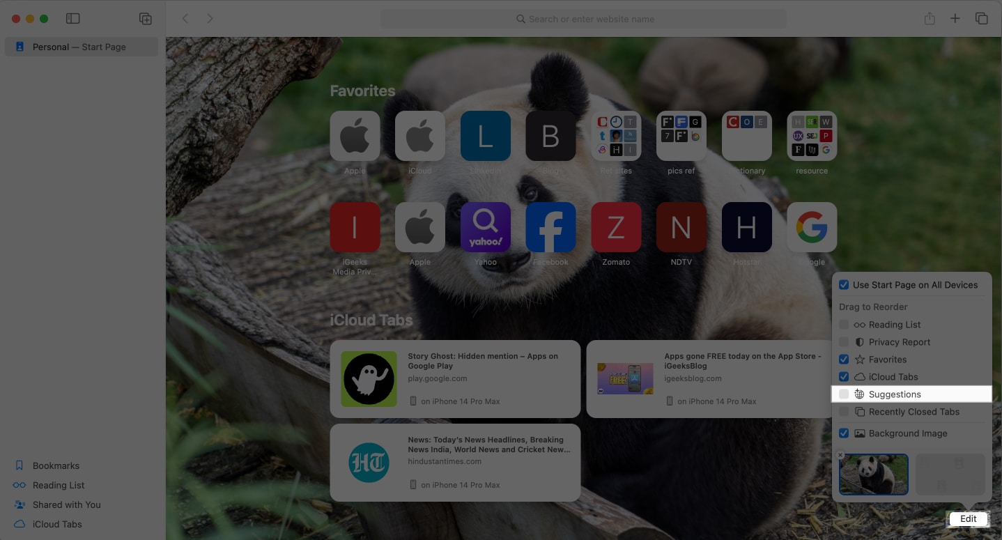 Disabling Siri Suggestions on the Safari start page on a Mac