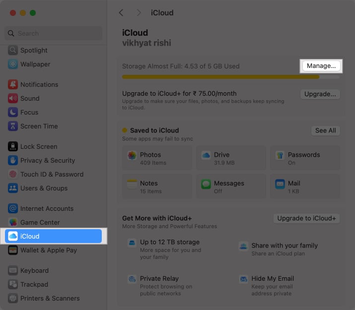 Manage option in macOS System Settings app to access iCloud storage