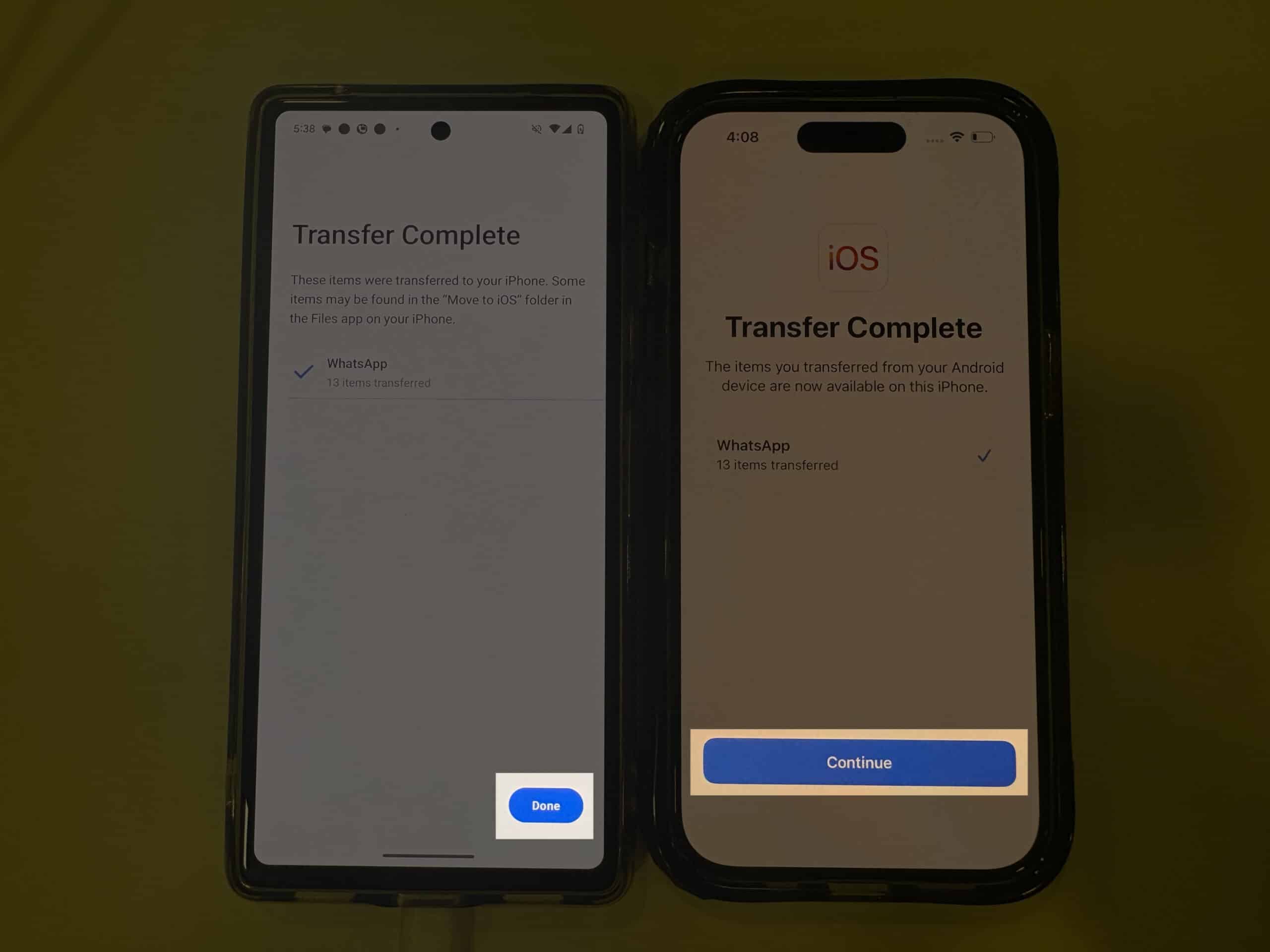 Completing transfer of WhatsApp data from Android to iPhone