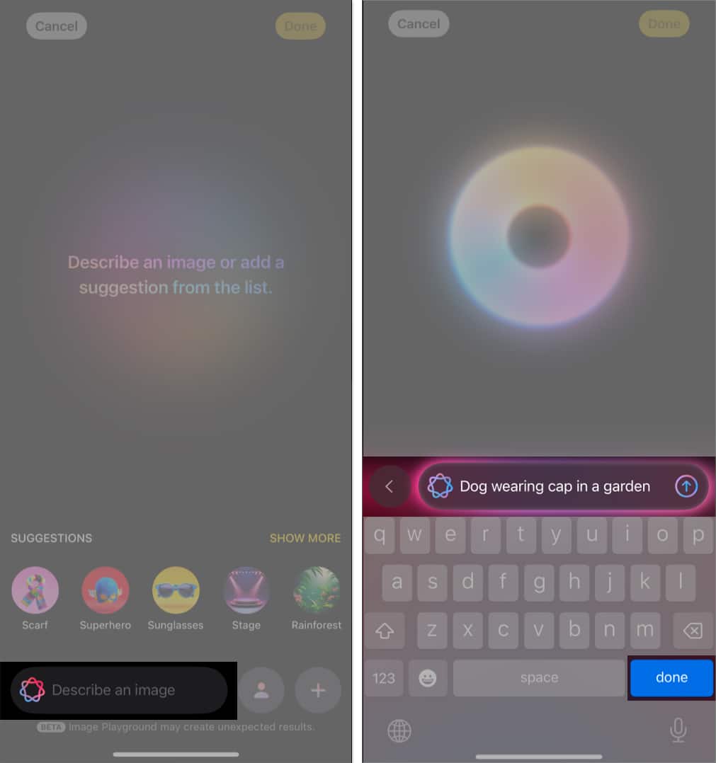 Entering an image description in the Image Playground app on an iPhone to generate an image