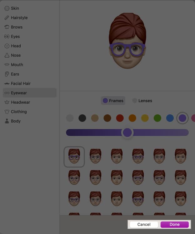 Editing a Memoji to change its appearance in the macOS Messages app