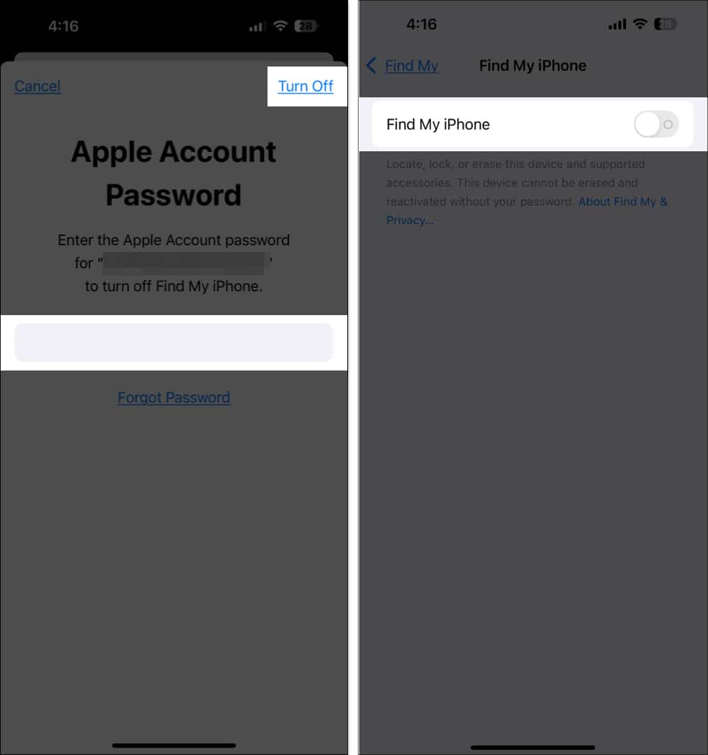 Toggling off Find My on an iPhone