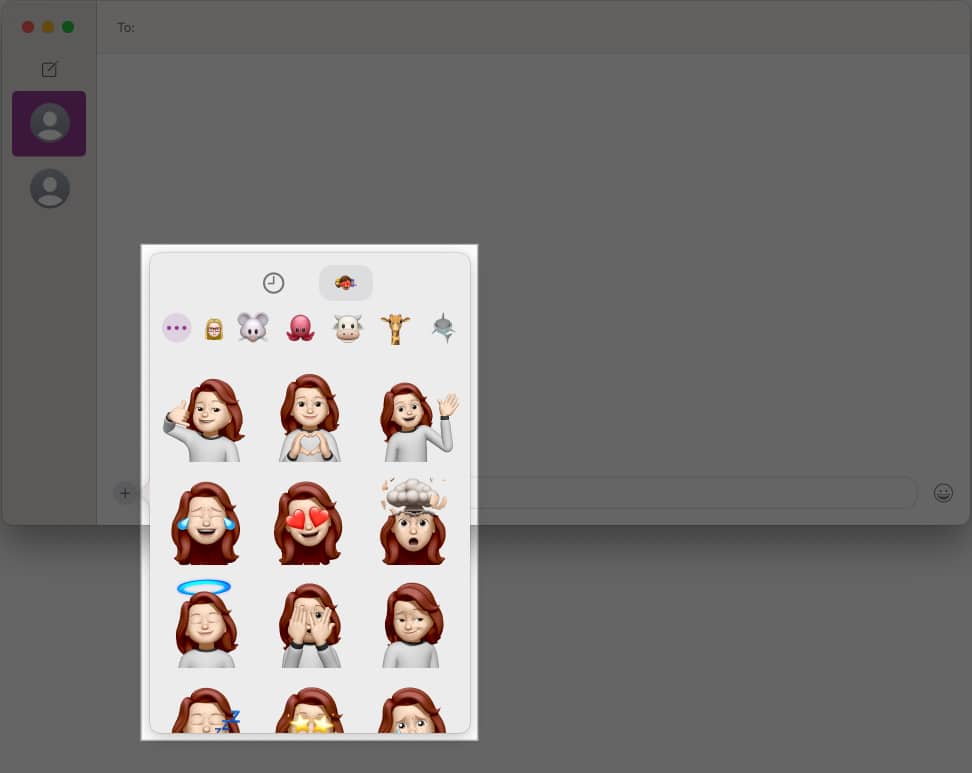 Choosing and adding a Memoji to a Messages app conversation on a Mac