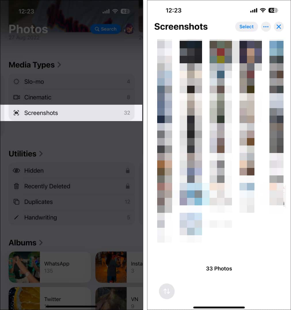 Open Screenshots in Photos App on iPhone