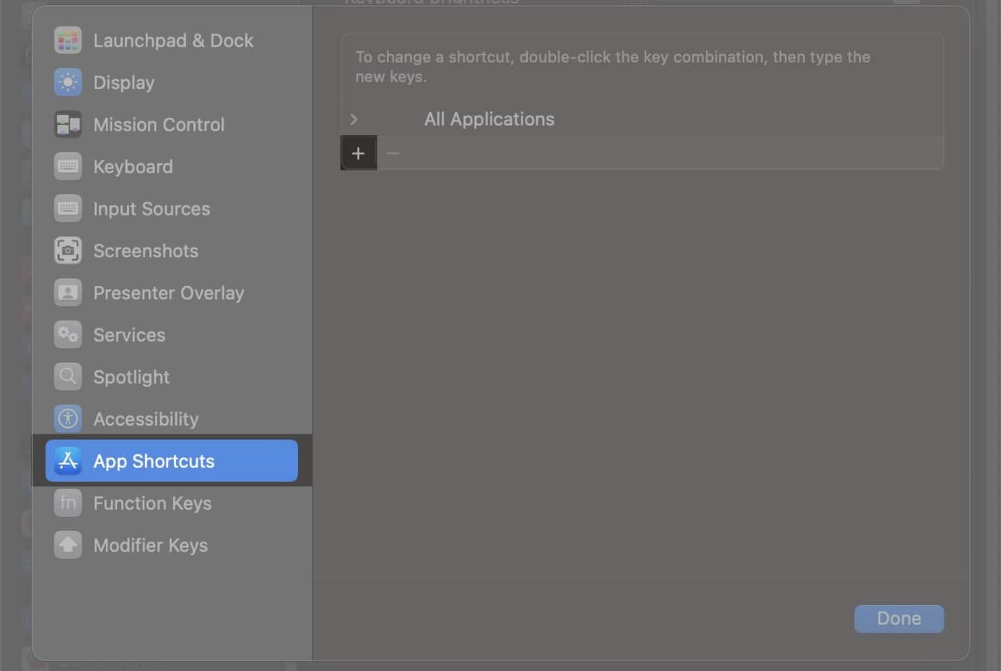 App Shortcuts screen in System Settings on a Mac