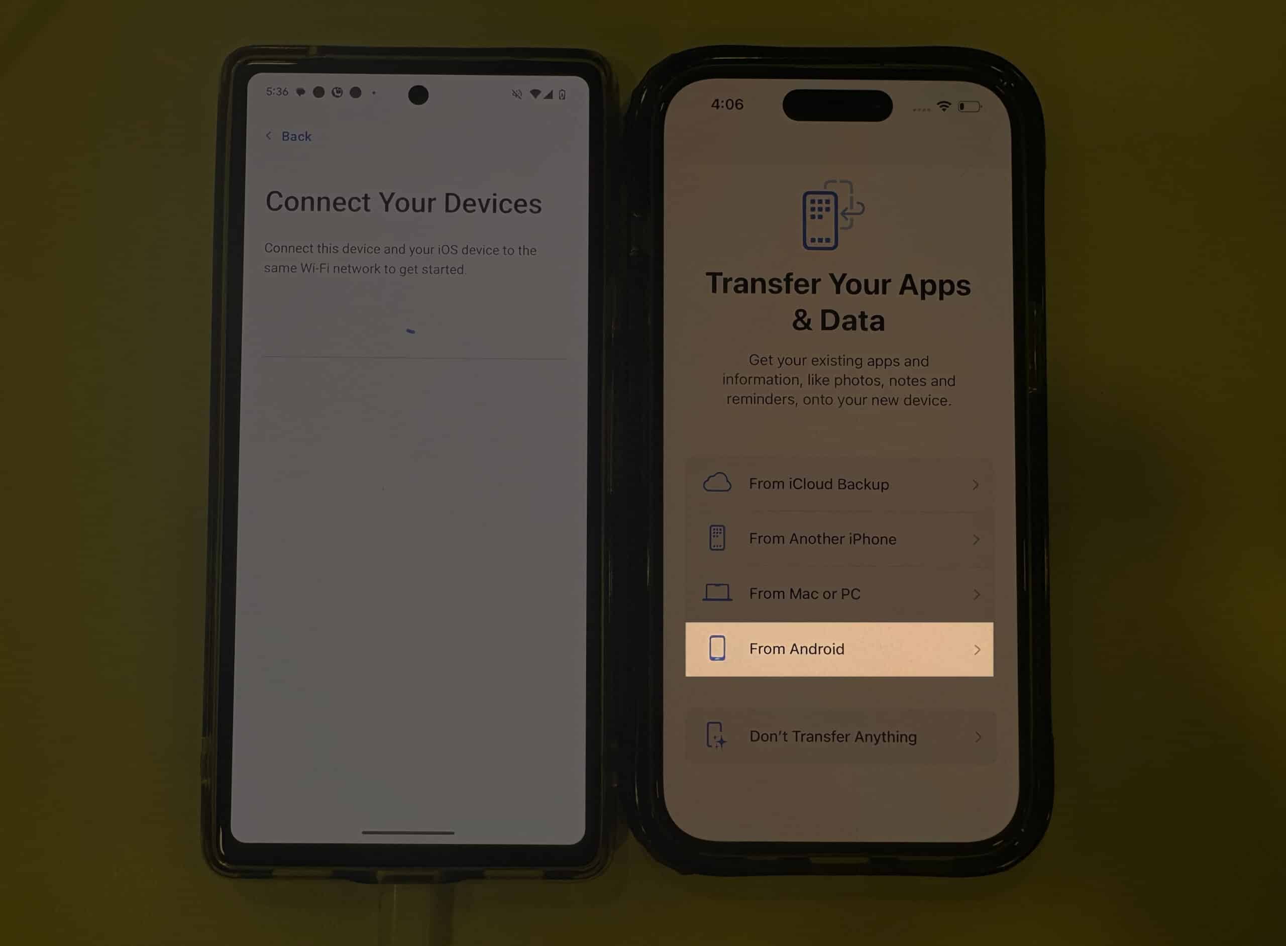 Choosing the source device on an iPhone during setup