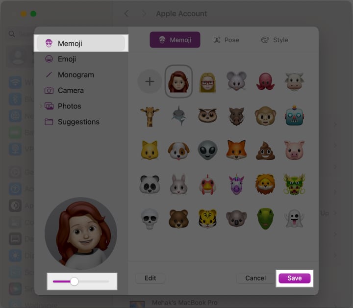 Selecting a Memoji to use as a user profile picture on a Mac