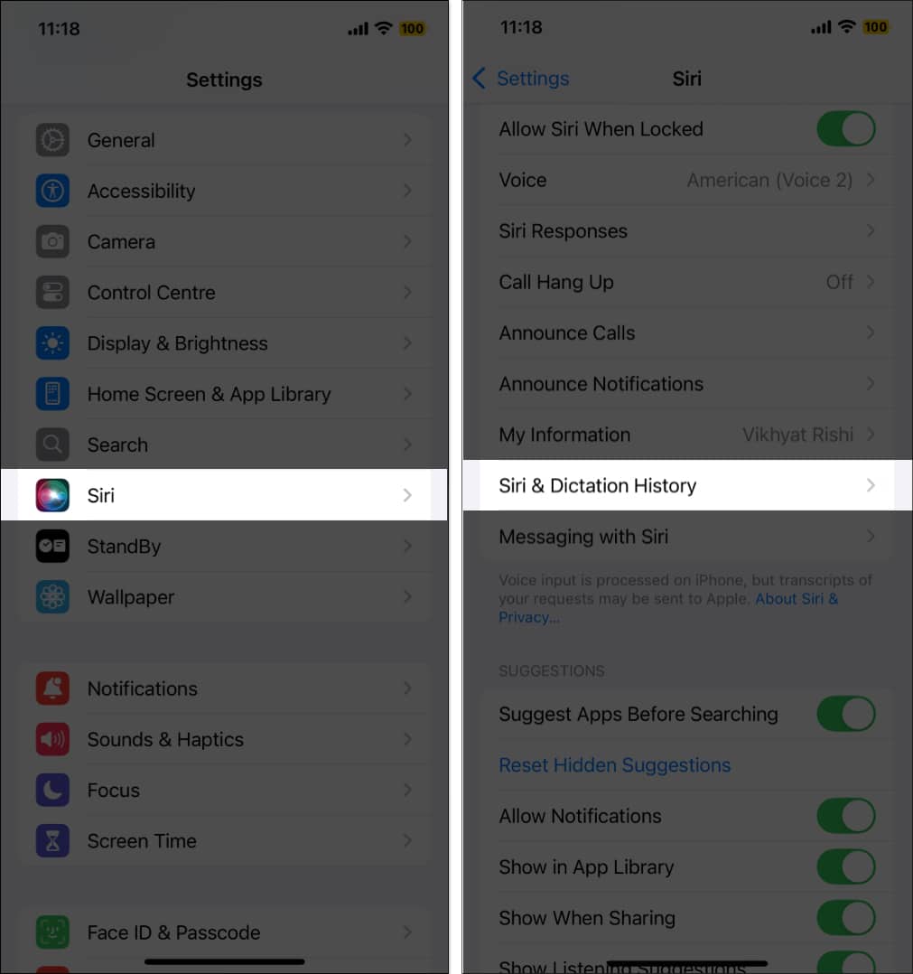 Accessing the Siri and Dictation History option in iPhone Settings app