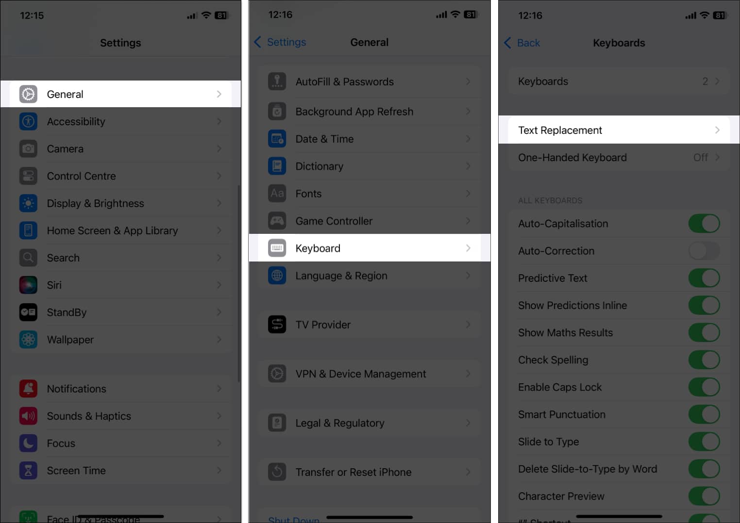 Accessing Text Replacement settings on an iPhone