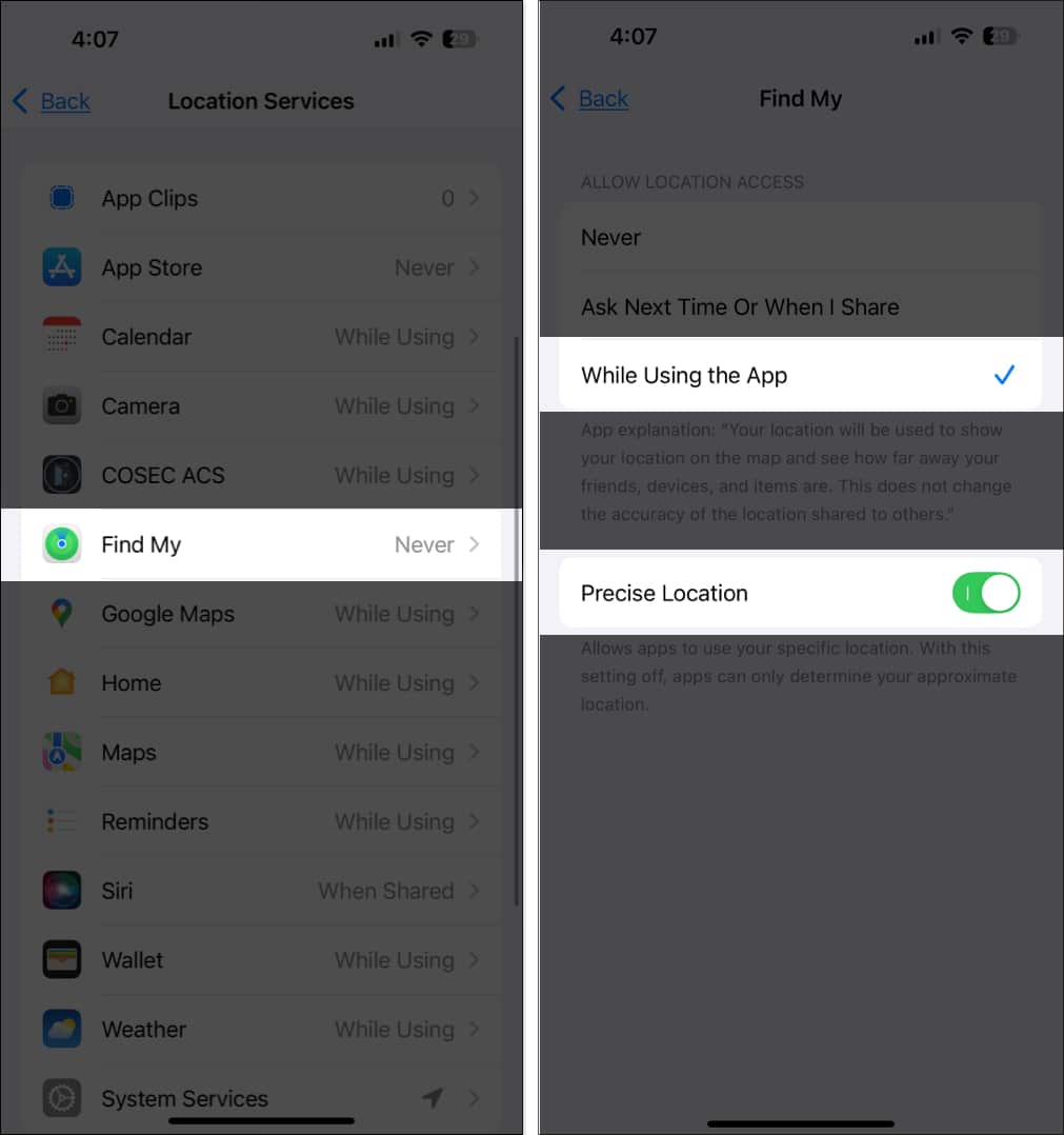 Enabling Precise Location option for Find My in iOS Settings app