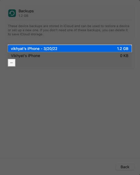 Selecting a device backup to delete in the System Settings app on a Mac