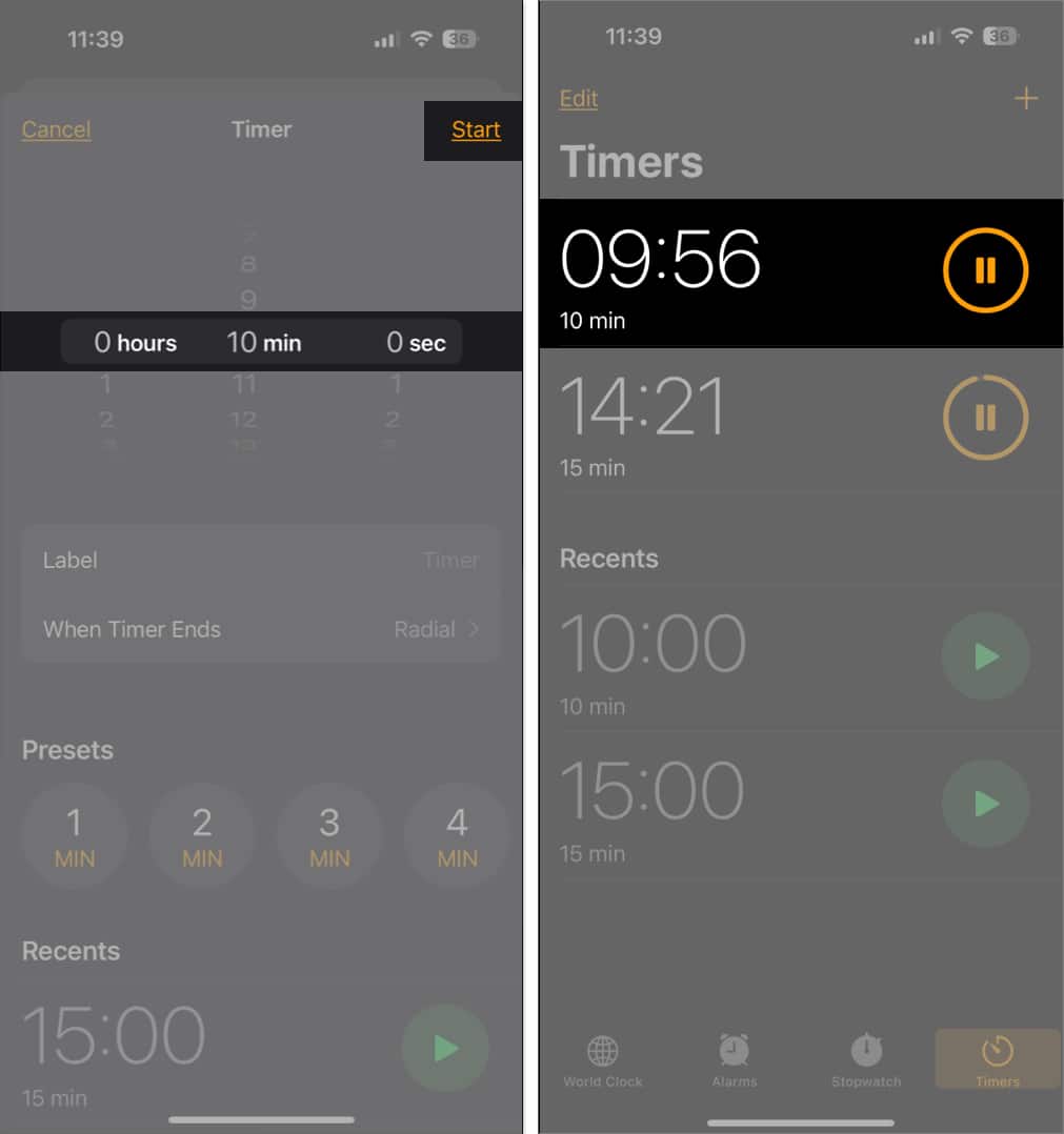 Set timer duration and tap on Start to add new timer