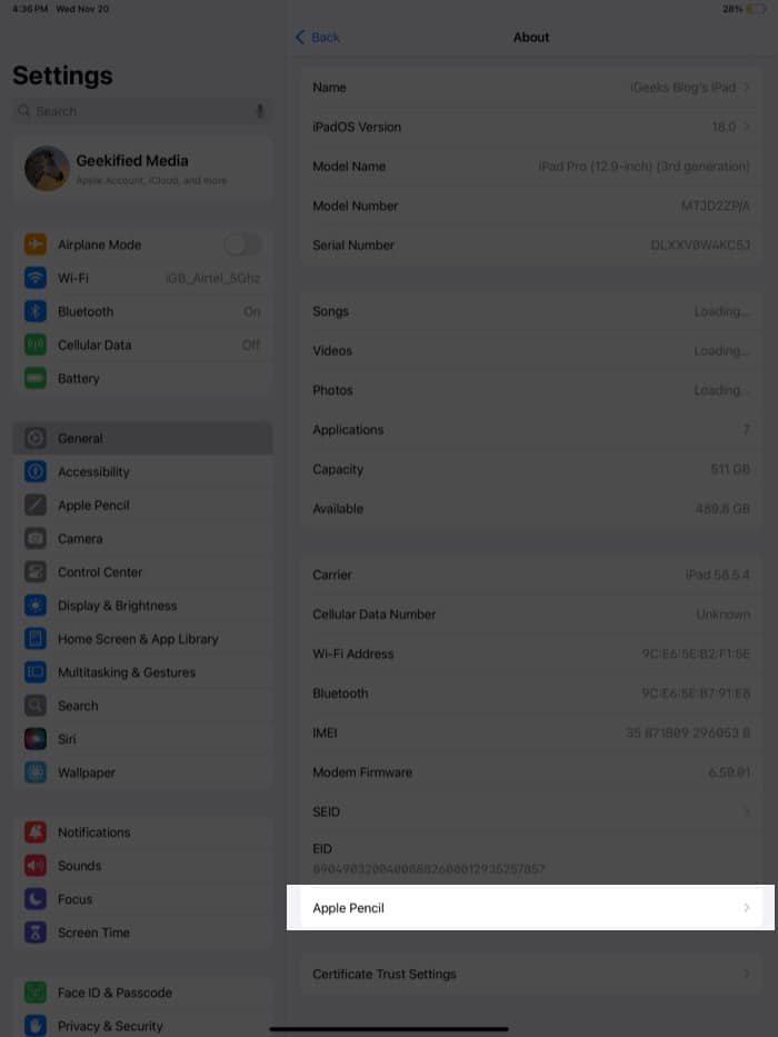 Tap Apple Pencil in About on iPad