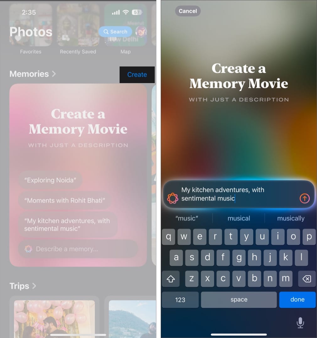 Memory movie creation prompt in the Photos app on an iPhone