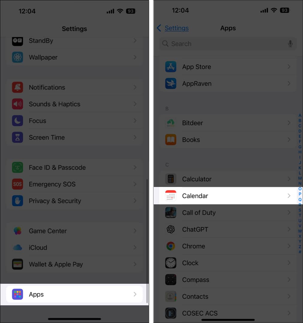 Accessing the Calendar app settings in the Settings app on an iPhone