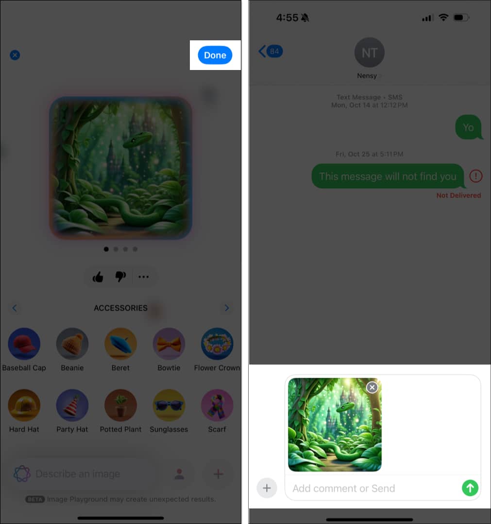 Sending an image created using Image Playground in the Messages app on an iPhone