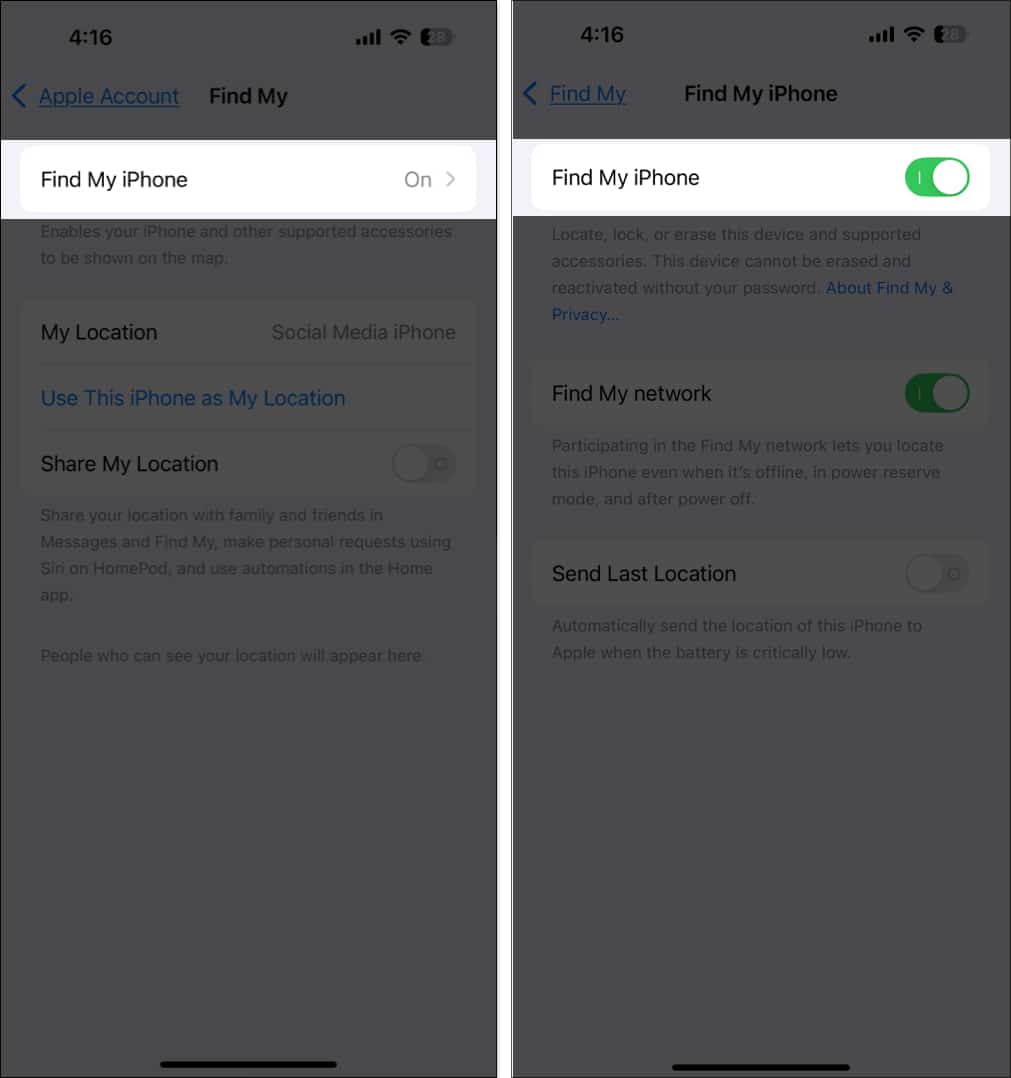 Finding the Find My option in iPhone Settings