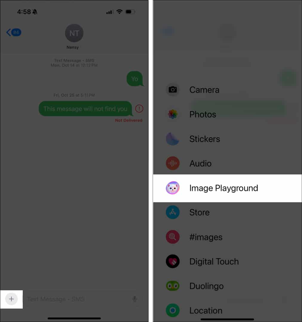 Image Playground option in the Messages app on an iPhone