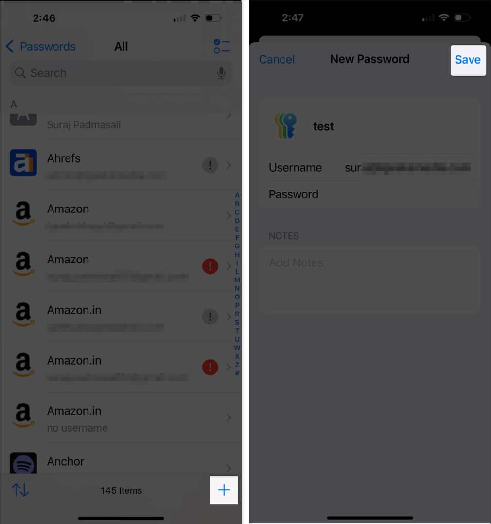 Creating a new password entry in the Passwords app