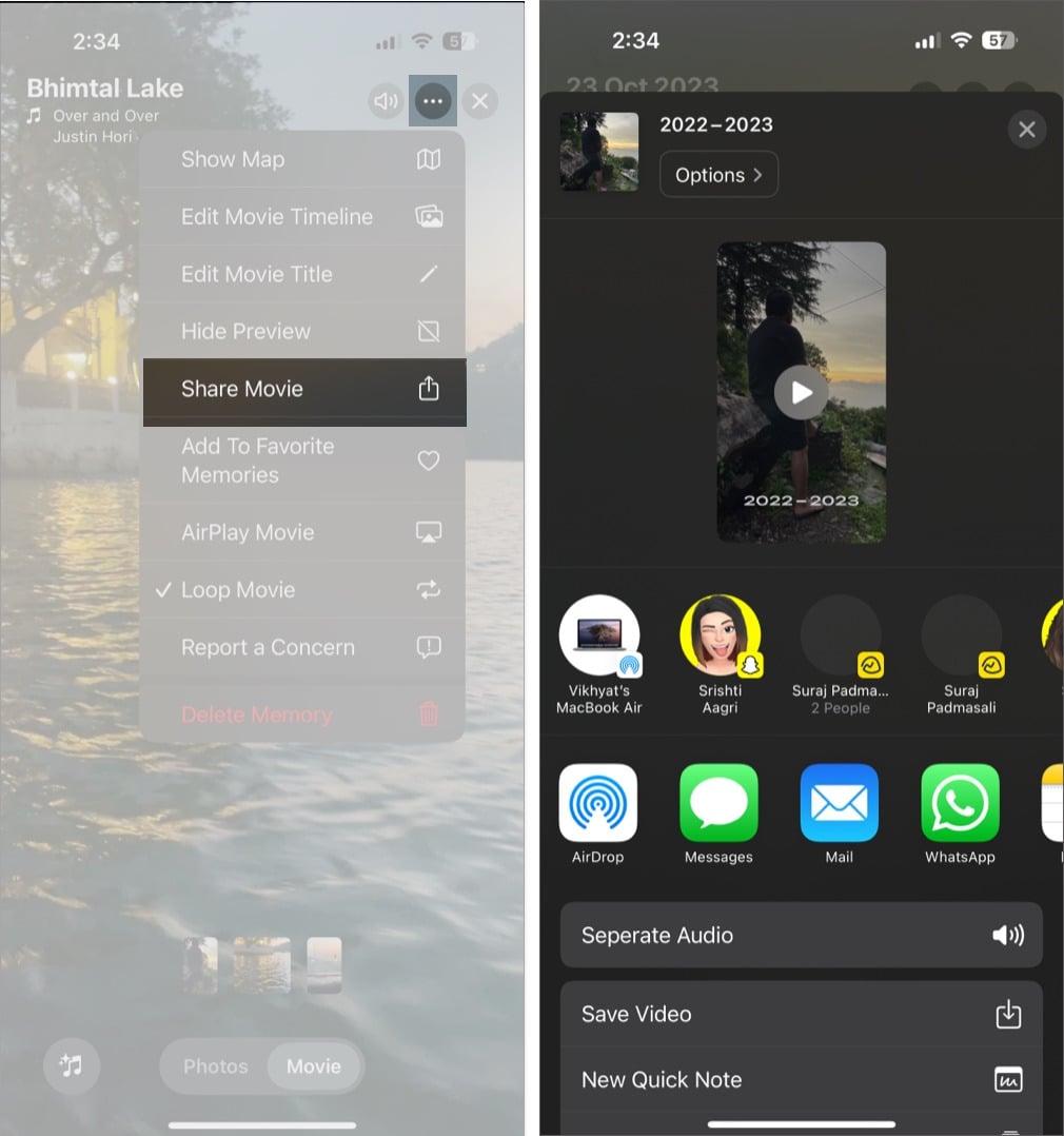 Share Movie option in the Photos app to share a created memory movie