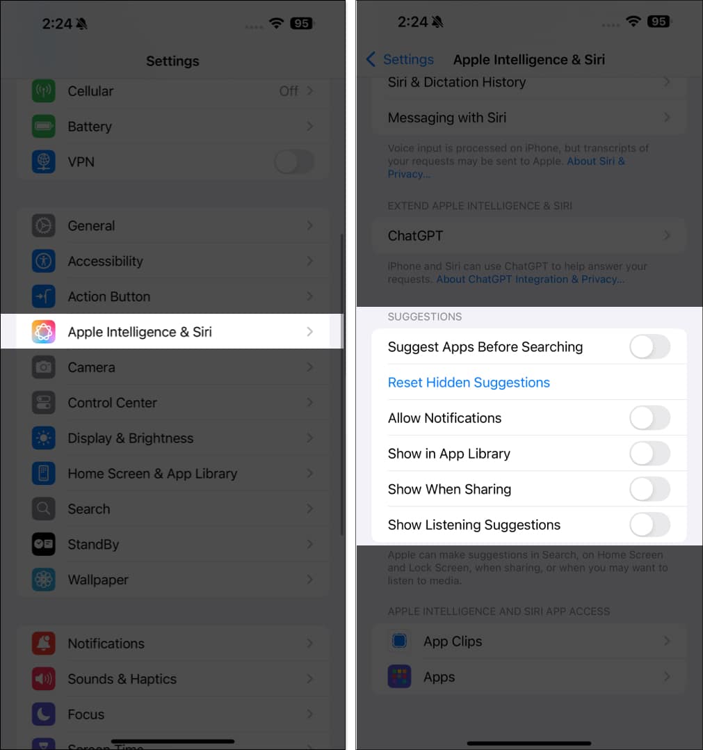 Turning off Siri Suggestions in iPhone Settings