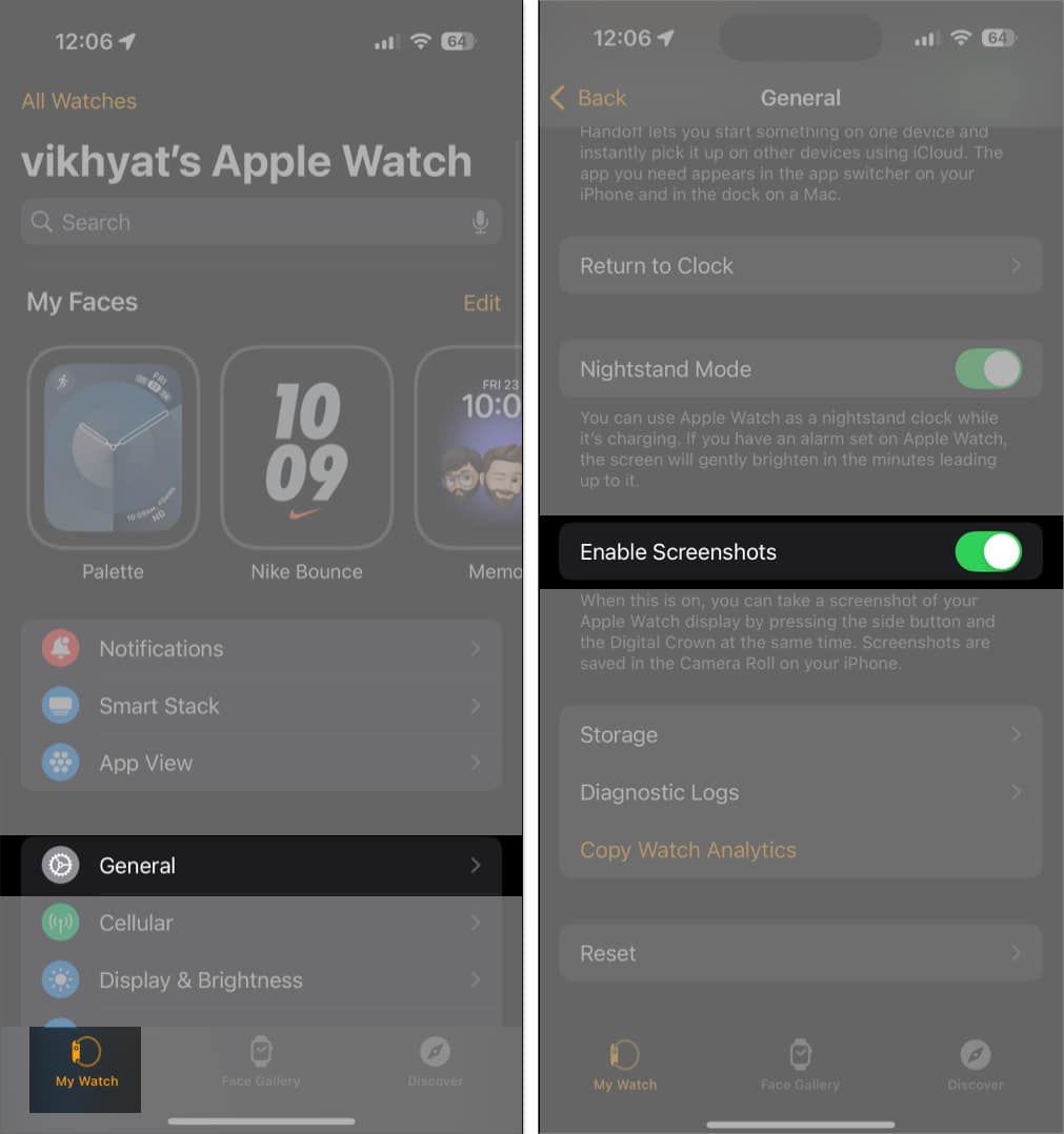 Toggle on Enable Screenshots in Watch app on iPhone