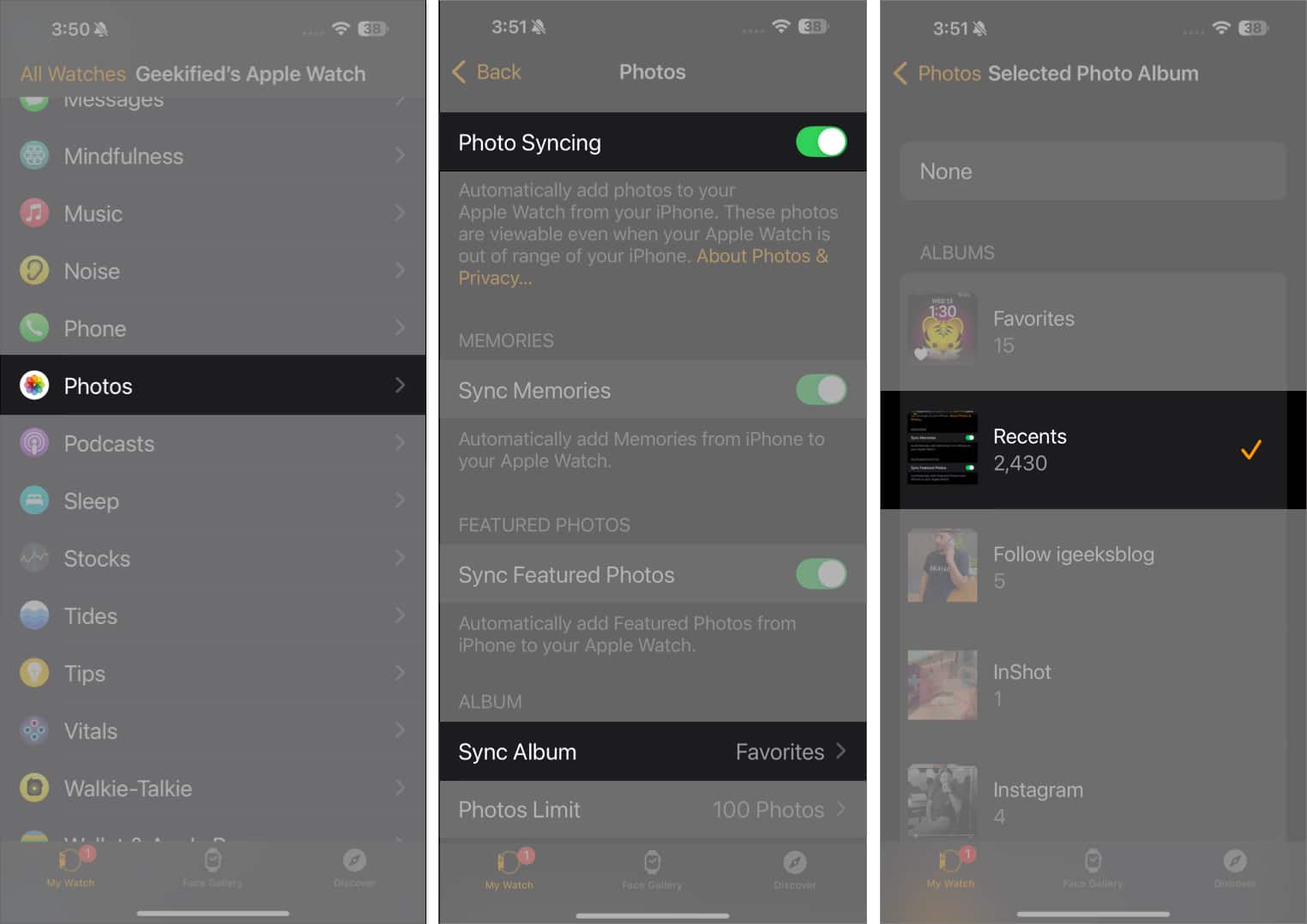 Toggle on Photo Syncing and select Recents after opening Sync Album folder in Watch app