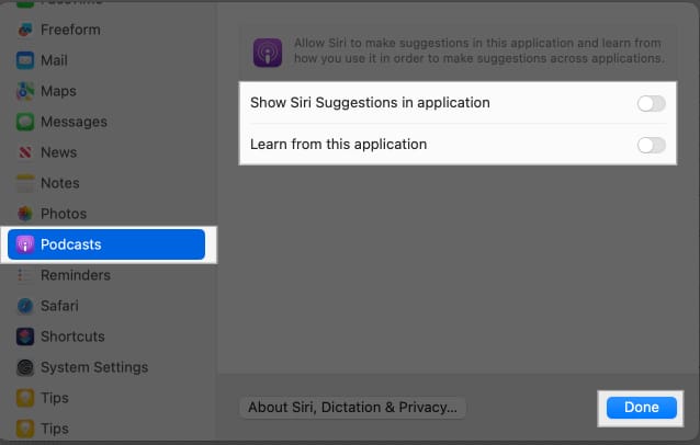 Toggling off Siri Suggestions for an app on a Mac