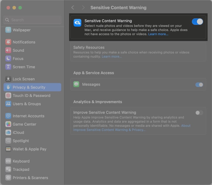 Toggling on Sensitive Content Warning on Mac