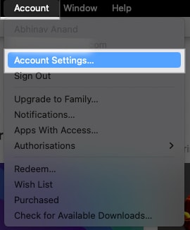 Accessing Apple Music Account Settings page on a Mac