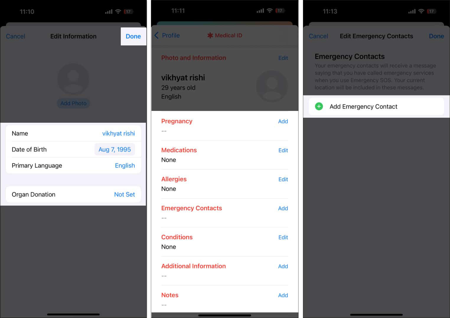 Add your details and emergency contact to set Medical ID in Health app on iPhone