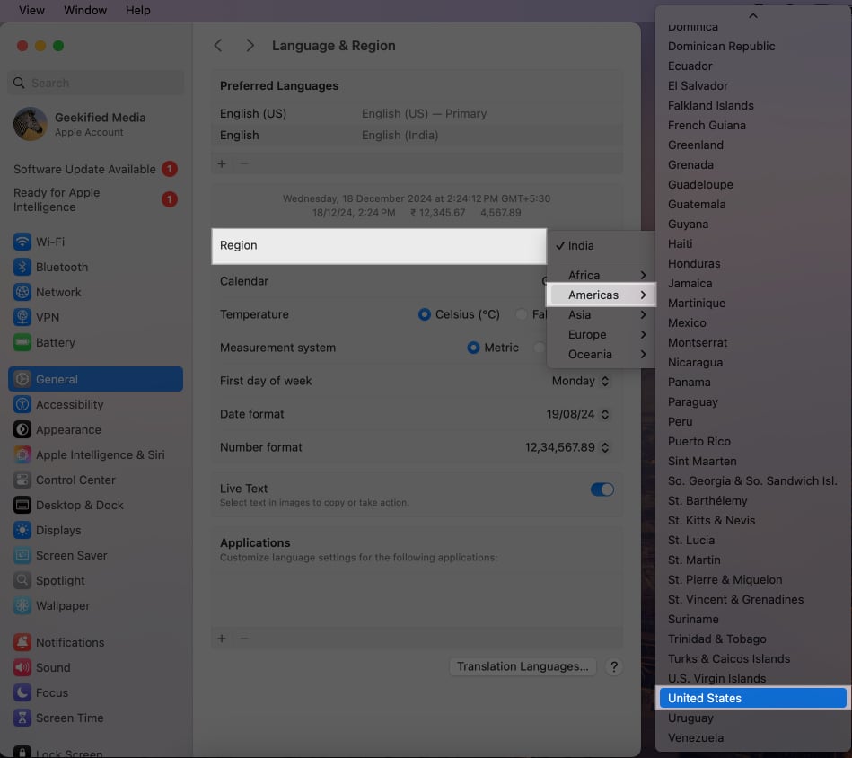 Changing a Mac's region.