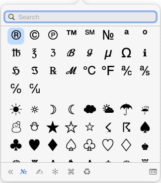 macOS Character Viewer on a Mac showing all the different special characters