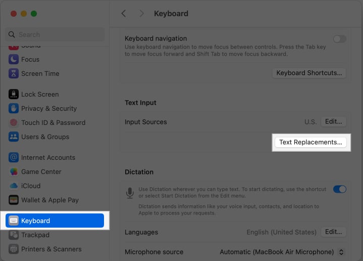 Accessing the Text Replacement feature in macOS System Settings