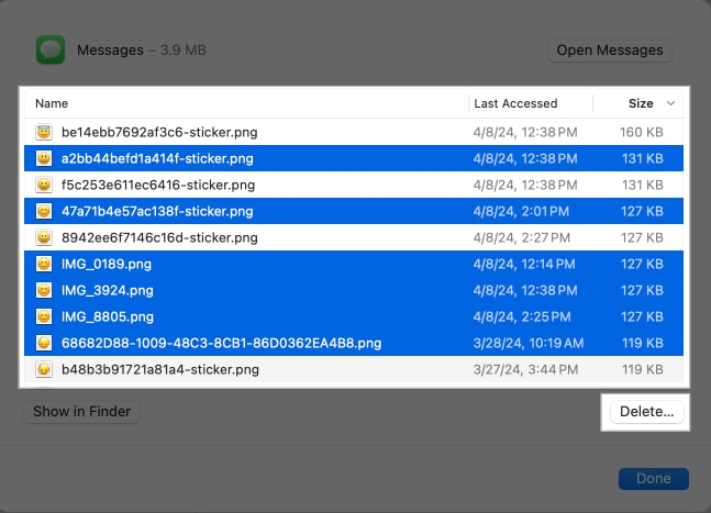 Selecting attachments for deletion in macOS System Settings