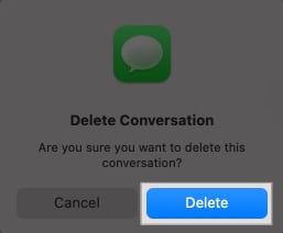 Delete Conversation prompt confirming deletion of a conversation thread in the Messages app on a Mac