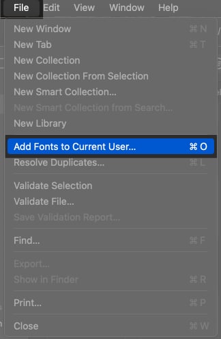 Using the Add Fonts to Current User option in the Font Book app File menu to add a new font