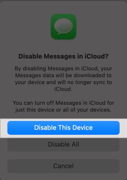 Disable Messages in iCloud confirmation prompt