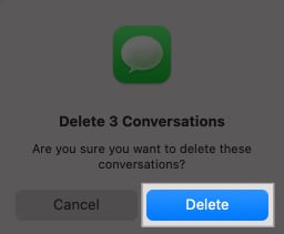 Delete Conversations prompt confirming deletion of multiple conversations in Messages app on a Mac