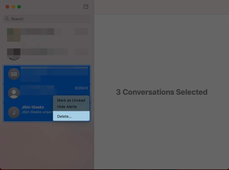 Selecting multiple message threads for deletion in the macOS Messages app