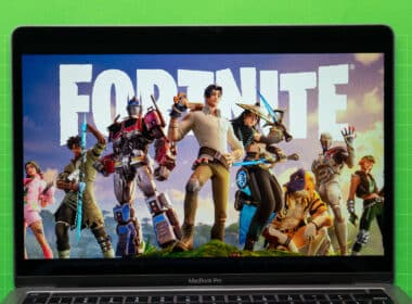 Playing Fortnite on a MacBook.