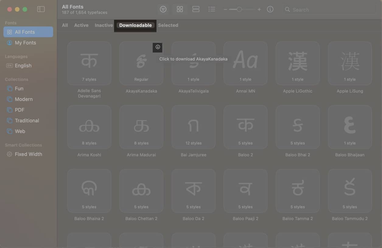 Downloadable tab in the Font Book app on a Mac