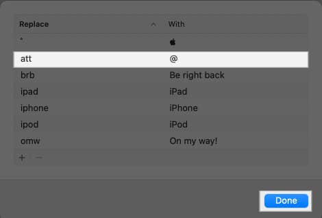 Newly created Text Replacement shortcut alongside other shortcuts in macOS System Settings